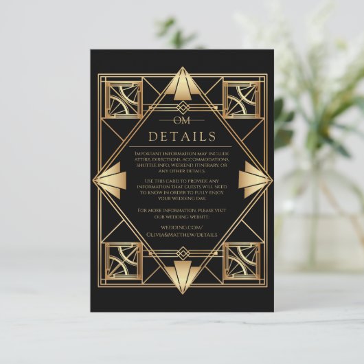 Black & Gold Art Deco Geometric Wedding Begleitkarte (Stehend Vorderseite)