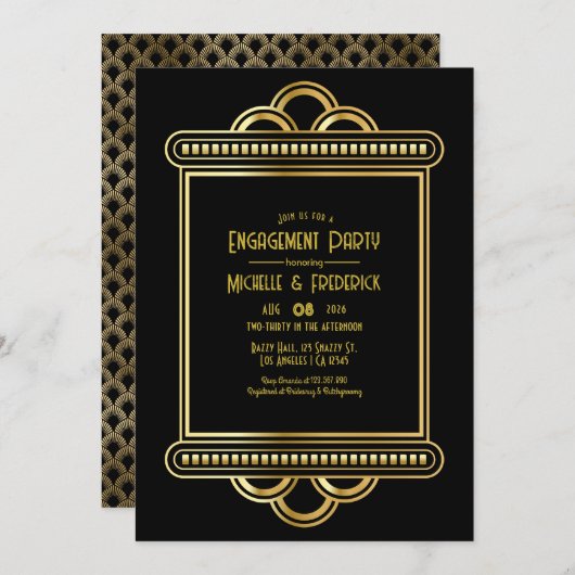 Black & Gold Art Deco Gold Engagement Party Photo Einladung (Vorne/Hinten)