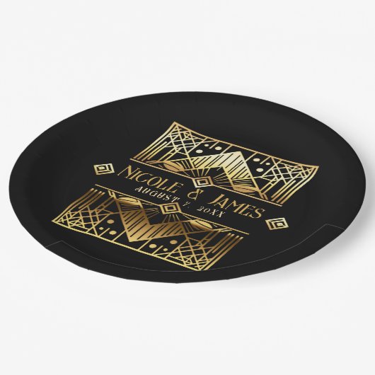 Black & Gold Art Deco Hochzeit Pappteller (Schrägansicht)