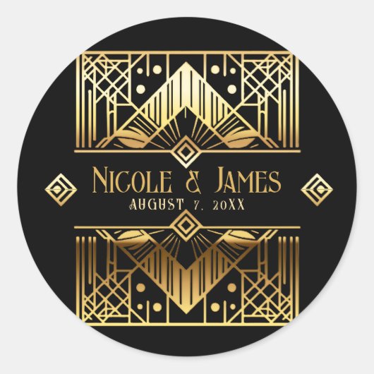 Black & Gold Art Deco Hochzeit Vielen Dank Runder Aufkleber (Vorderseite)