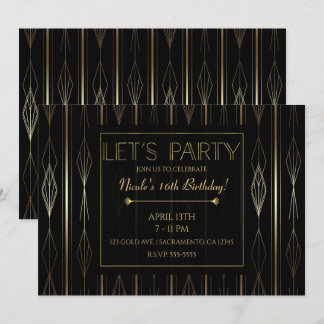 Black & Gold Art Deco Party Geburtstag Einladung