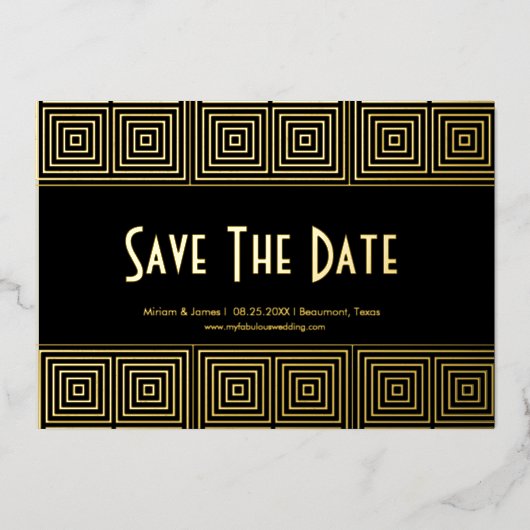 Black & Gold Art Deco Save the Date Inspiriert Folieneinladung (Vorderseite)