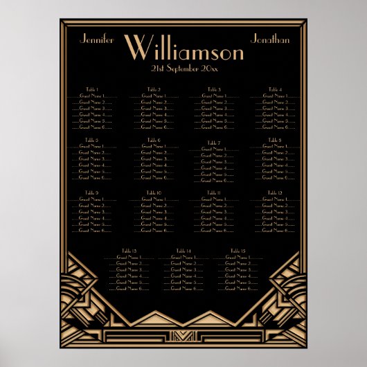 Black Gold Art Deco Style Hochzeitsdiagramm Poster (Vorne)