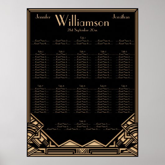 Black Gold Art Deco Style Hochzeitsdiagramm Poster (Vorne)