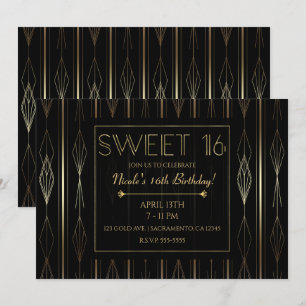 Black & Gold Art Deco Sweet 16 Geburtstagsfeier Einladung