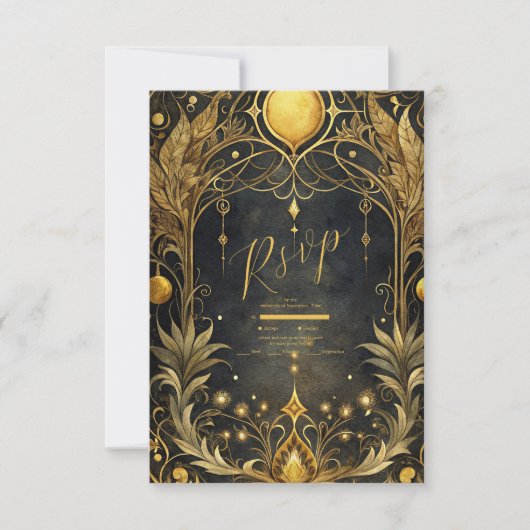Black Gold Art Nouveau Hochzeit RSVP Karte (Vorderseite)