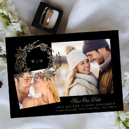 Black Gold auf Ebony Wreath Monogram Foto Wedding Save The Date