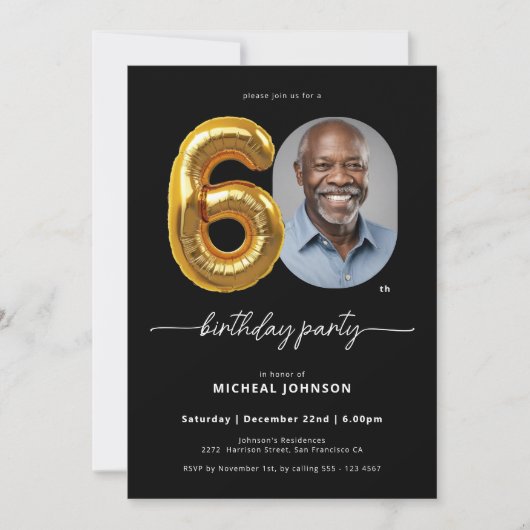 Black Gold Ballon 60. Geburtstag Einladung (Vorderseite)