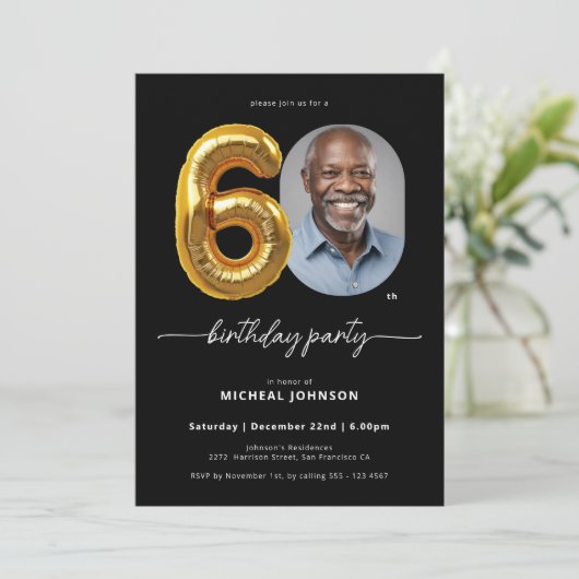 Black Gold Ballon 60. Geburtstag Einladung (Stehend Vorderseite)
