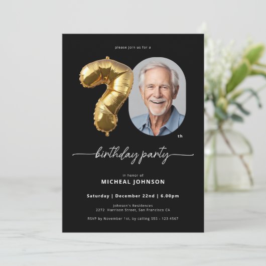 Black Gold Ballon 70. Geburtstag Einladung (Stehend Vorderseite)