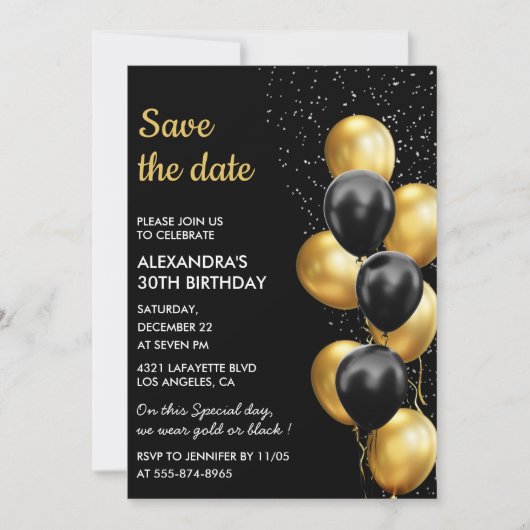 Black Gold Ballon Elegant 30. Save the Date Einladung (Vorderseite)
