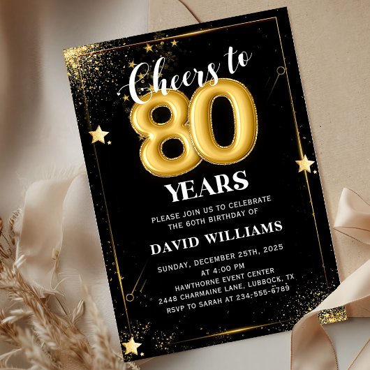 Black Gold Ballons 80. Geburtstagsparty Einladung