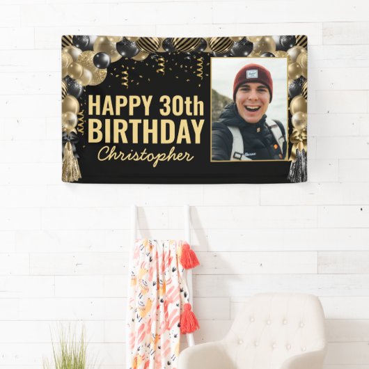 Black Gold Balloon Confetti Foto Happy Birthday Banner (Insitu)