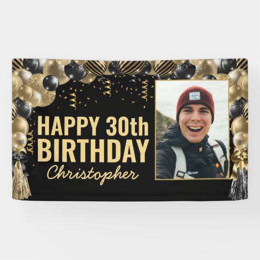 Black Gold Balloon Confetti Foto Happy Birthday Banner (Horizontal)