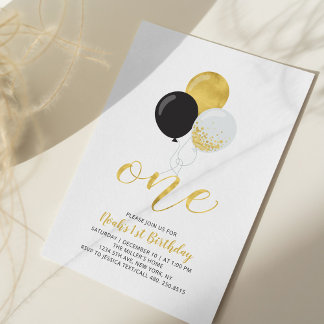 Black & Gold Balloons 1. Junge Geburtstagsparty Einladung