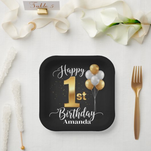 Black Gold Balloons 1st Birthday Paper Plate Pappteller (Hochzeit)