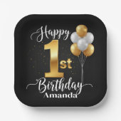 Black Gold Balloons 1st Birthday Paper Plate Pappteller (Vorderseite)