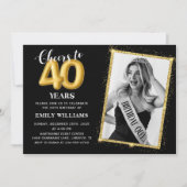 Black Gold Balloons 40. Geburtstag Foto Einladung (Vorderseite)