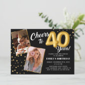 Black Gold Balloons 40. Geburtstag Foto Einladung (Stehend Vorderseite)