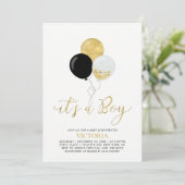 Black & Gold Balloons | Es ist eine Baby-Dusche Einladung (Stehend Vorderseite)