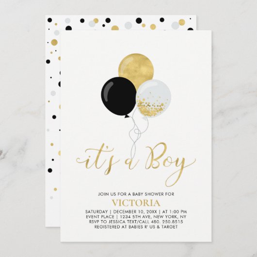 Black & Gold Balloons | Es ist eine Baby-Dusche Einladung (Vorne/Hinten)
