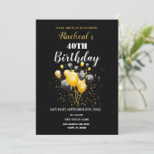 Black & Gold Balloons | Geburtstag Einladung (Stehend Vorderseite)