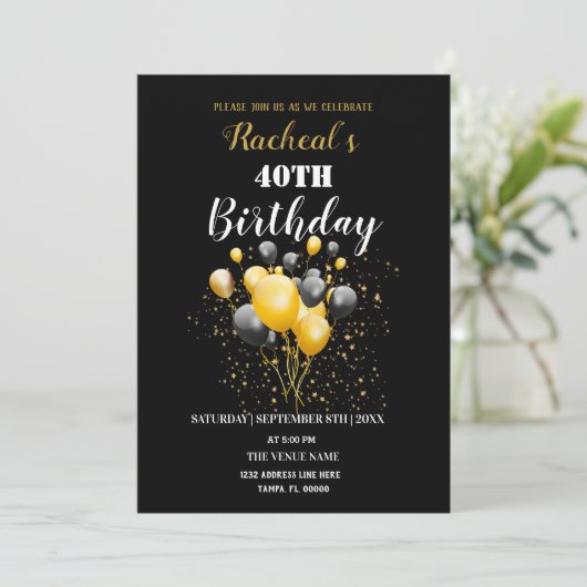 Black & Gold Balloons | Geburtstag Einladung (Stehend Vorderseite)