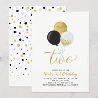 Black & Gold Balloons Junge 2. Geburtstag Party Einladung