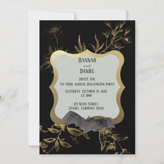 Black & Gold Bat Elegantes Halloween-Party Einladung (Vorderseite)