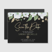 Black Gold Bat Mitzvah Script Floral Save the Date Magneteinladung (Vorne/Hinten)