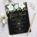 Black Gold Bat Mitzvah Script Floral Watercolor Einladung<br><div class="desc">Seien Sie stolz, freuen Sie sich und präsentieren Sie diesen Meilenstein Ihres Lieblings-Bat Mitzvah mit dieser raffinierten, personalisierten Einladung! Ein schicker, atemberaubender, weißer und goldener Glitzer mit floraler Aquarellfarbe mit Imitaten, Goldfolien-Schrift Typografie und weißer San-Serifenart überlagert einen dramatischen schwarzen Hintergrund. Zusätzliche Aquarellfarben-Blume und ein goldener Star von David überlagern einen...</div>