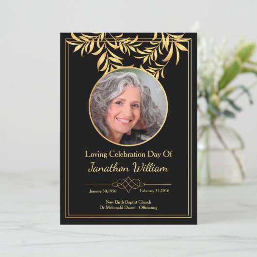 Black & Gold Beerdigung Programmkarte Ankündigung (Stehend Vorderseite)