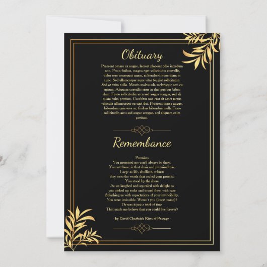 Black & Gold Beerdigung Programmkarte Ankündigung (Rückseite)