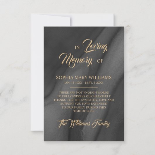 Black & Gold Beileid Memory dank Karte (Vorderseite)