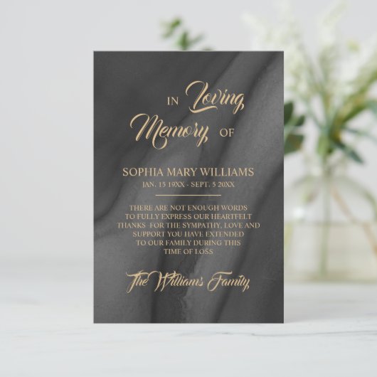 Black & Gold Beileid Memory dank Karte (Stehend Vorderseite)