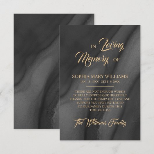 Black & Gold Beileid Memory dank Karte (Vorne/Hinten)