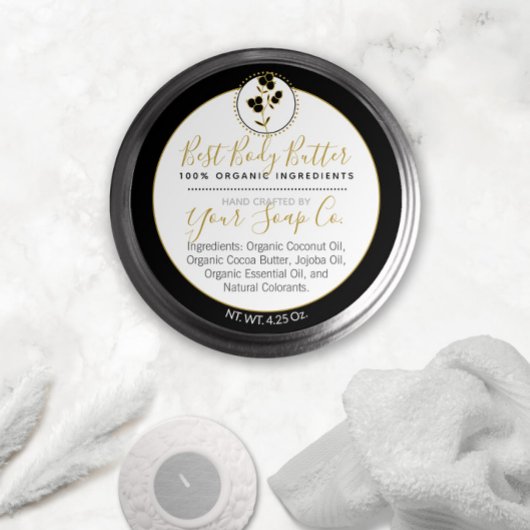 Black & Gold Berries Scrub oder Body Butter Label Runder Aufkleber