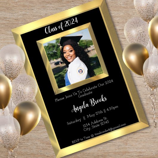 Black & Gold Beveled Foto Graduation Party Einladung