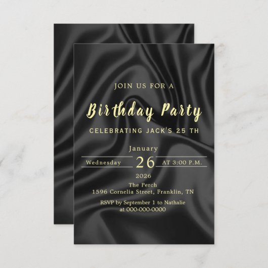 Black & Gold Birthday Invitation Einladung (Vorne/Hinten)