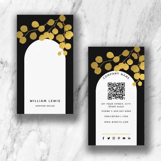 Black & Gold Blätter Moderner QR Code Visitenkarte