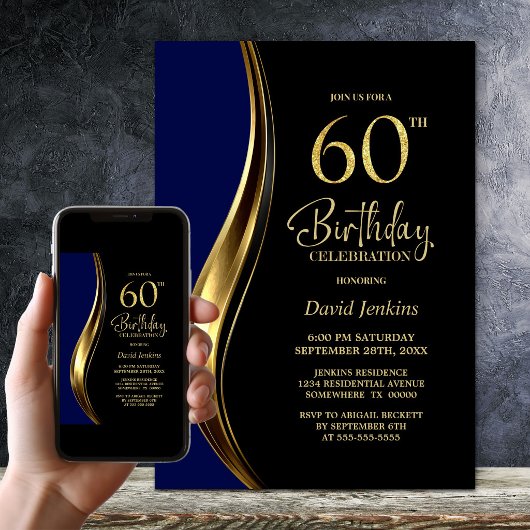 Black Gold Blue 60. Geburtstagsfeier Einladung