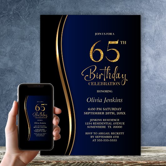 Black Gold Blue 65. Geburtstagsparty Einladung