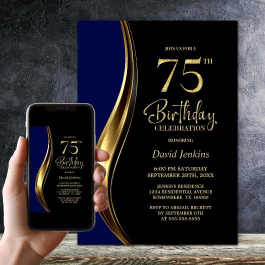 Black Gold Blue 75. Geburtstagsfeier Einladung