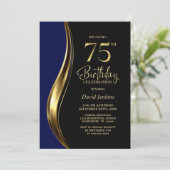 Black Gold Blue 75. Geburtstagsfeier Einladung (Stehend Vorderseite)