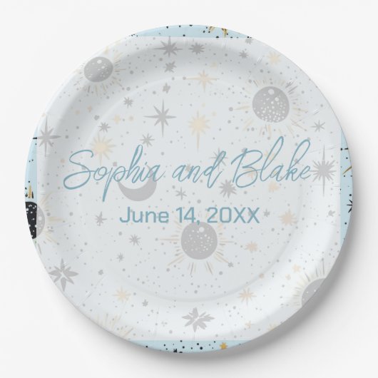 Black Gold Blue Celestial Wedding Pappteller (Vorderseite)