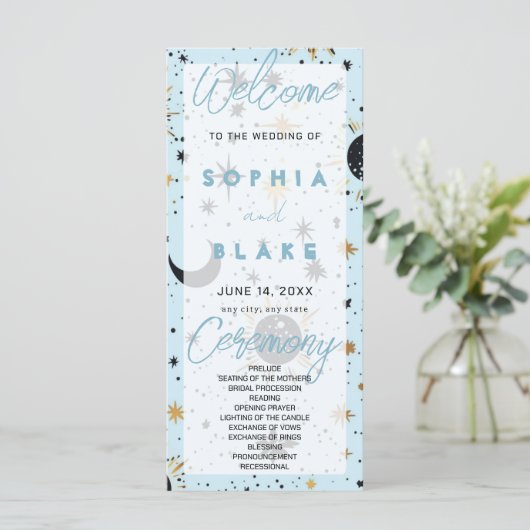 Black Gold Blue Celestial Wedding Program (Stehend Vorderseite)