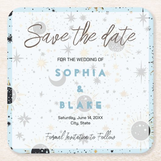 Black Gold Blue Celestial Wedding Save the Date Rechteckiger Pappuntersetzer (Vorderseite)