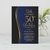 Black Gold Blue Überraschung 50. Geburtstag Einladung (Stehend Vorderseite)
