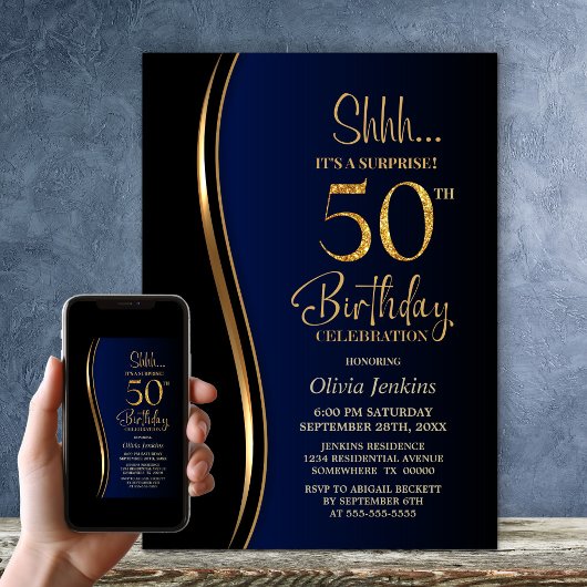 Black Gold Blue Überraschung 50. Geburtstag Einladung