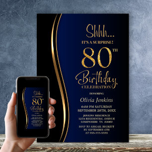 Black Gold Blue Überraschung 80. Geburtstag Einladung